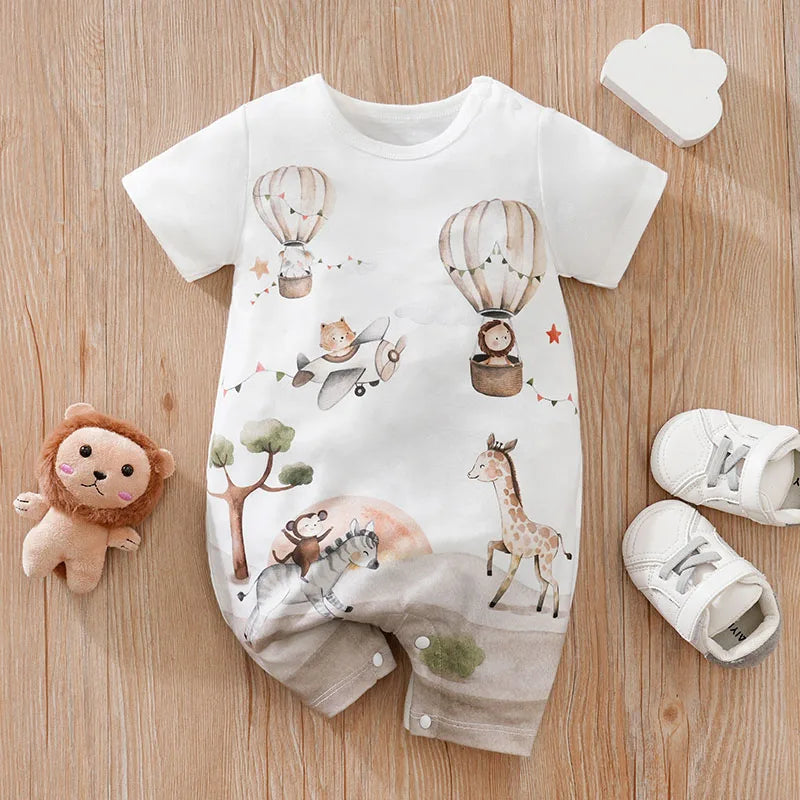 Summer Boys And Girls Cute Cartoon Animal Print Comfortable Casual Short Sleeve Baby Bodysuit