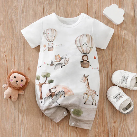 Summer Boys And Girls Cute Cartoon Animal Print Comfortable Casual Short Sleeve Baby Bodysuit