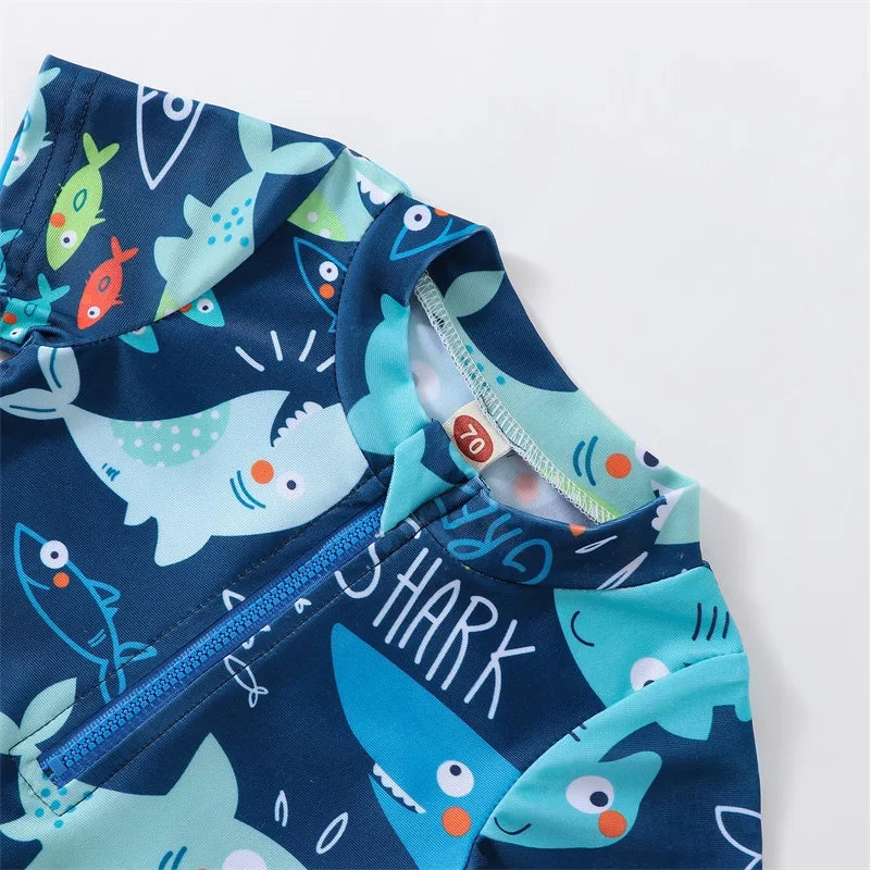Baby Boys Summer Swimsuit Shark Printed Short Sleeve Zipper Jumpsuit Swimwear Children Casual Bathing Beachwear
