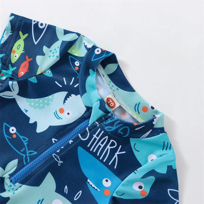 Baby Boys Summer Swimsuit Shark Printed Short Sleeve Zipper Jumpsuit Swimwear Children Casual Bathing Beachwear