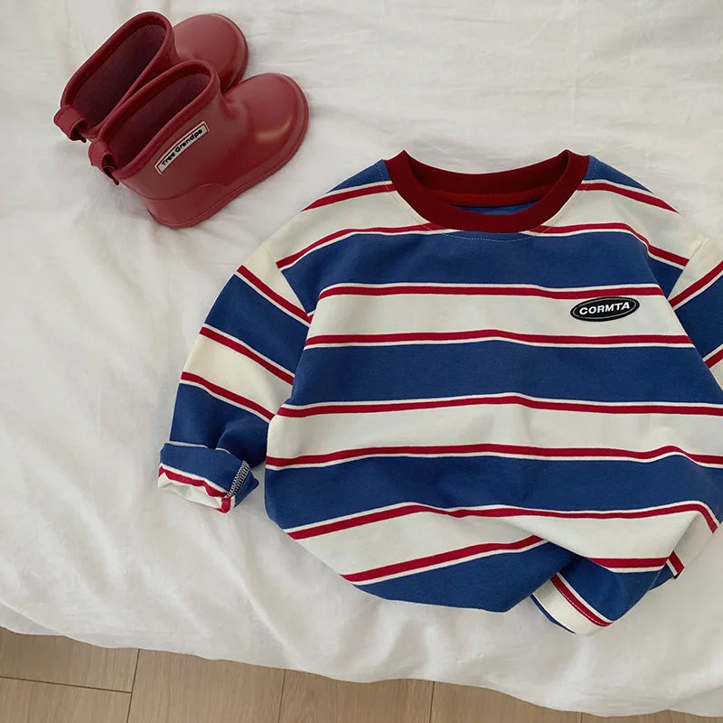 2-7Y Spring Children Clothes For Baby Girl Boys T-shirt Stripe Cotton Long Sleeves Shirts Teen Hoodie Bottoming Shirt Kids Tops