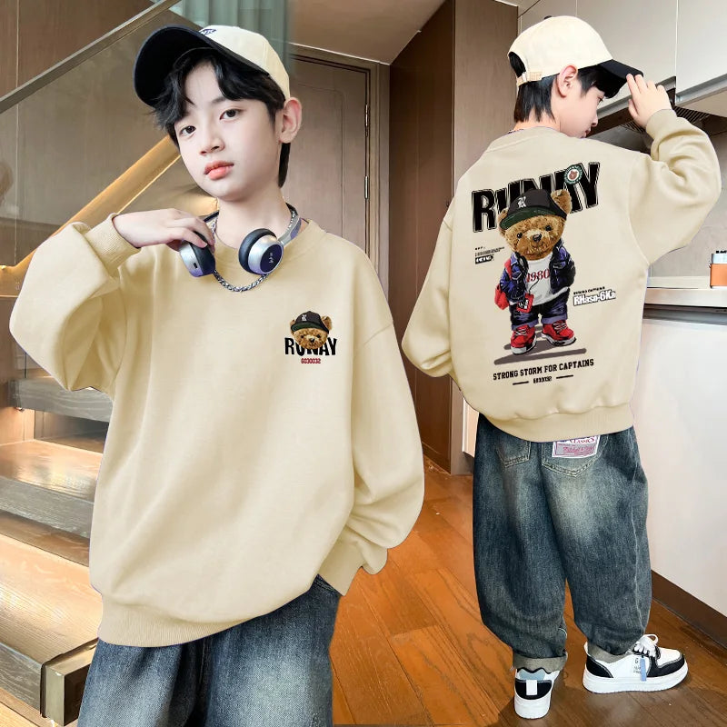 Boys Cartoon Bear Sweatshirts Loose Sports Round Neck Tops New Spring Autumn Clothing Toddler Trendy Printed Long-sleeved Hoodie