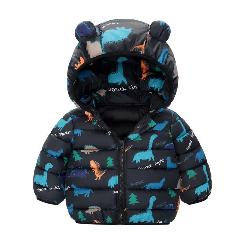 Kids Boy Lightweight Down Jacket Girl Baby Cartoon Dinosaur Outerwear Hooded Coat Autumn Winter Clothes Christmas Birthday Gifts