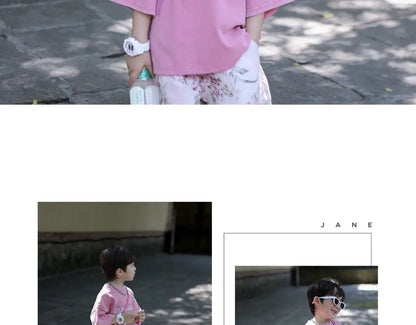 Boys Set Summer Outfit 2025 New Cute Pink T-shirt+ Floral Long Pants Children's Short Sleeved Handsome Pants Two-piece Set