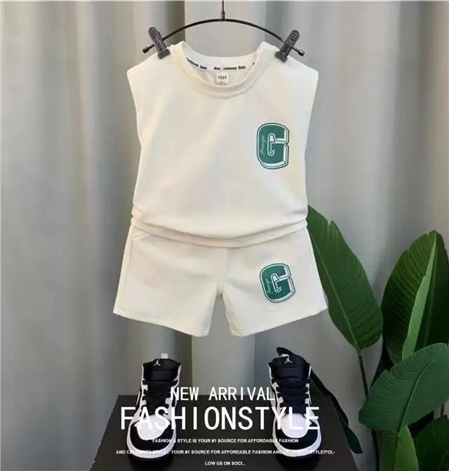 Kids Boys Summer Vest Set New Fashionable Baby Net Red Clothes Boys and Children's Fashion Two Piece Set Kids Outfits