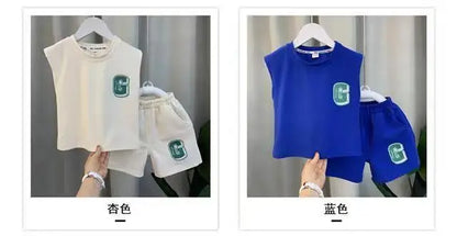 Kids Boys Summer Vest Set New Fashionable Baby Net Red Clothes Boys and Children's Fashion Two Piece Set Kids Outfits