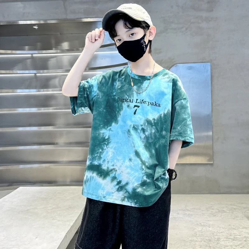 Summer Boys T Shirts Fashion Print Short Sleeve Tee Tops for Kids Cotton Tshirt Tie-Dye Casual Streetwear Teenager Outerwear