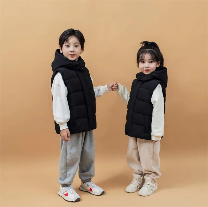 Winter Warm Baby and Girls Boys Cotton Lined Plain Hooded Zip Puff Vest Jackets Child Waistcoat School Kids Outfit Tops 3-12 Yr