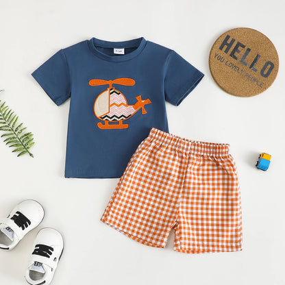 Infant Boys Summer Short Sleeve Outfit with Helicopter Embroidery Pattern Baby Clothing Set