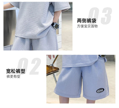 Fashion Boys Summer Sets 2024 New Teenager Casual Outfits Children Trends Clothes Suits Kids Short Sleeves Tops+Baggy Pants 2Pcs