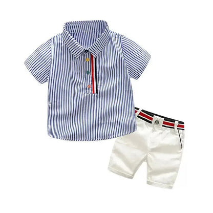 Summer Boys Clothing Set Cotton Striped Short Sleeve Lapel Shirt Pants 2Pcs Suit For 2-6 Years Kids Casual Outfits Elegant Suit