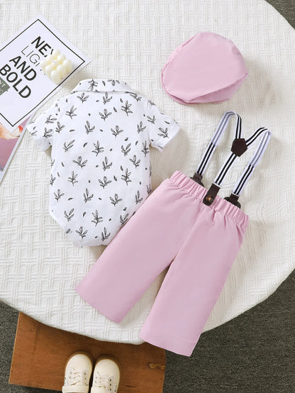 Summer  0-1 Years Old  Infant  Baby   Boys  Printed  Short-Sleeved  Top  And  Strap  Shorts    3-Piece  Set   With  Hat