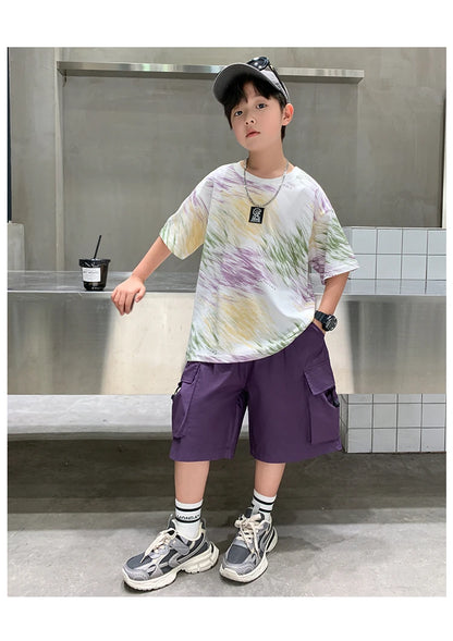 Summer  Boys Shorts Short Sleeve Shorts Handsome High Quality Leisure Sports Simple Two-piece Set.4-16year