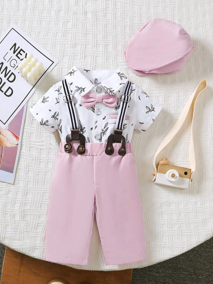 Summer  0-1 Years Old  Infant  Baby   Boys  Printed  Short-Sleeved  Top  And  Strap  Shorts    3-Piece  Set   With  Hat