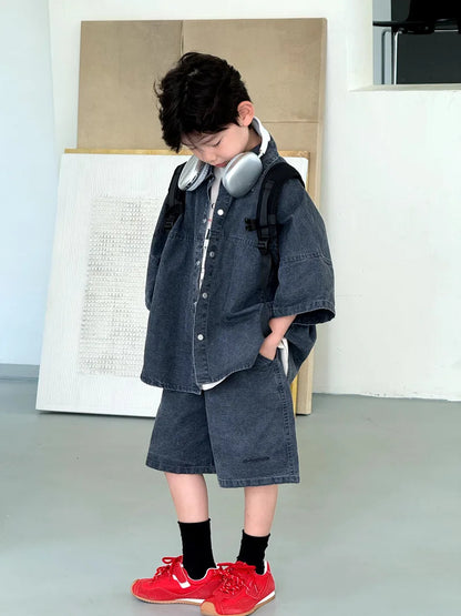 Boys' Summer Shirt Set 2025 New SummerSmall and Medium sized Children Boys' Summer Short sleeved Shirt Top