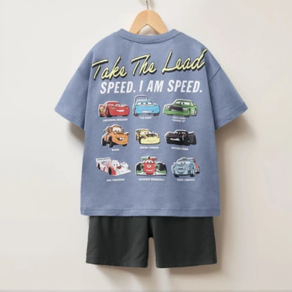 Summer Clothes Children Cartoon Car Print T-shirt+shorts Boys Child Round Neck Tees Loose Simple Shorts Trendy Costume Suit