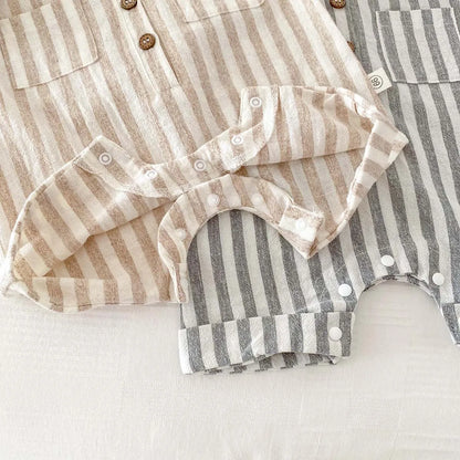 Baby Boys Rompers Striped Jumpsuits Turn Down Collar Toddler Boys Summer Clothing