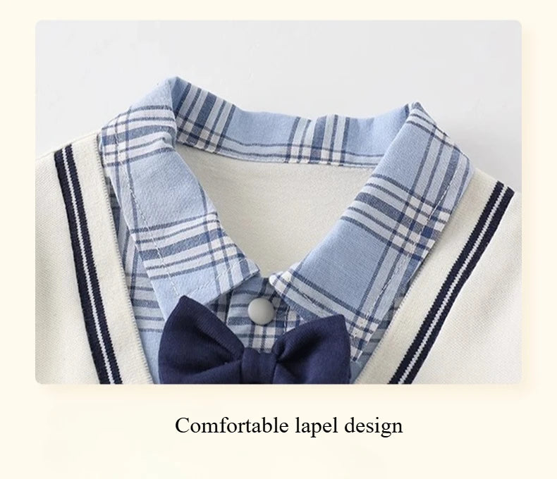 Boys Summer Short-sleeved  Jumpsuit Clothes Baby Fake Two-piece College Style Onesie  Babe Cute Dog Label Romper Fashion Outwear