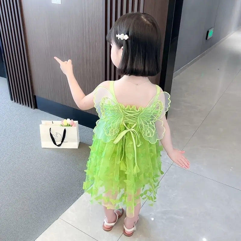Fairy Girl Glitter Butterfly Wings Dress Summer New Kids Green Sling Princess Dresses Party Girls Costume