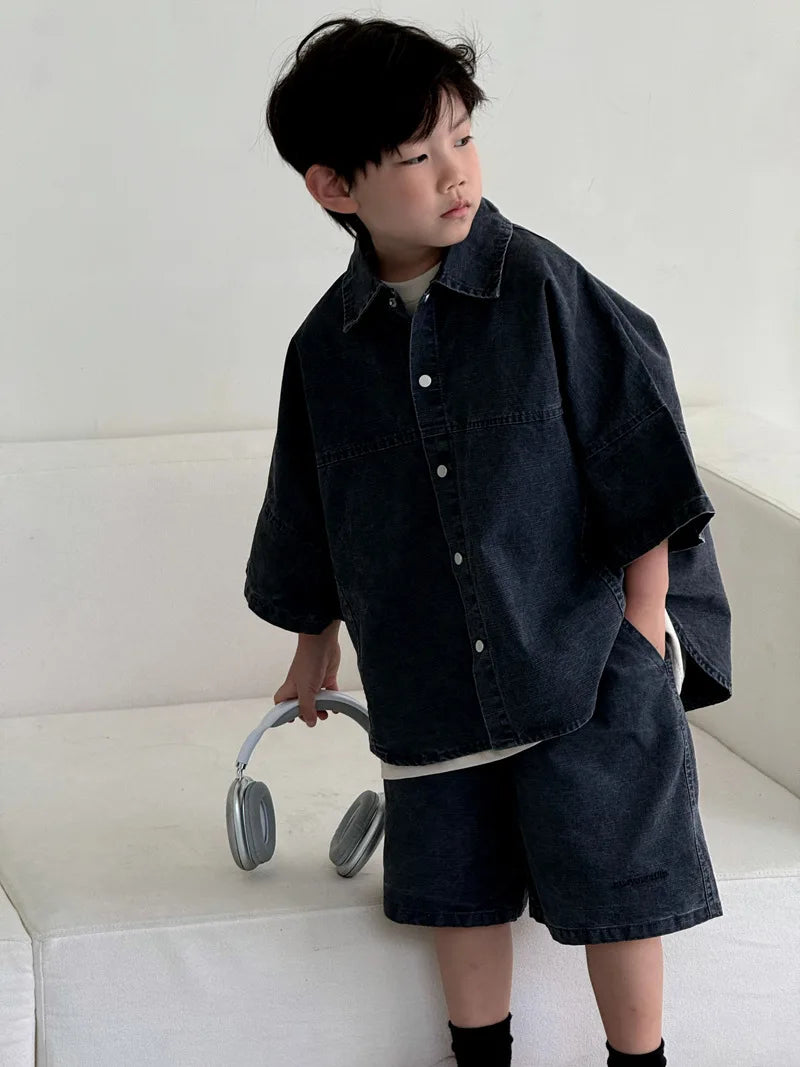 Boys' Summer Shirt Set 2025 New SummerSmall and Medium sized Children Boys' Summer Short sleeved Shirt Top