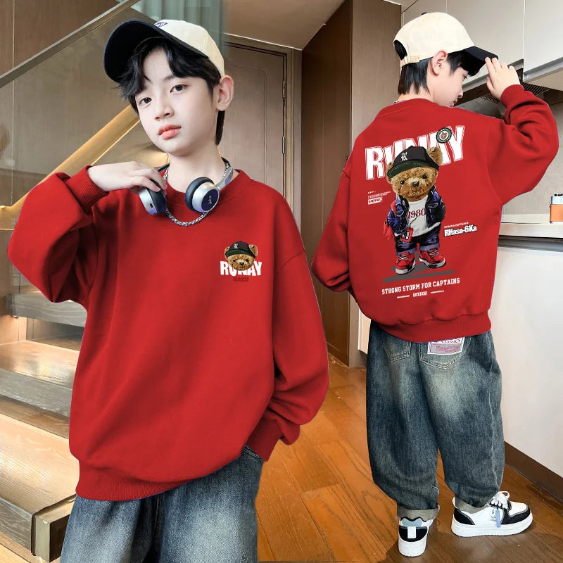 Boys Cartoon Bear Sweatshirts Loose Sports Round Neck Tops New Spring Autumn Clothing Toddler Trendy Printed Long-sleeved Hoodie