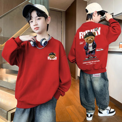 Boys Cartoon Bear Sweatshirts Loose Sports Round Neck Tops New Spring Autumn Clothing Toddler Trendy Printed Long-sleeved Hoodie