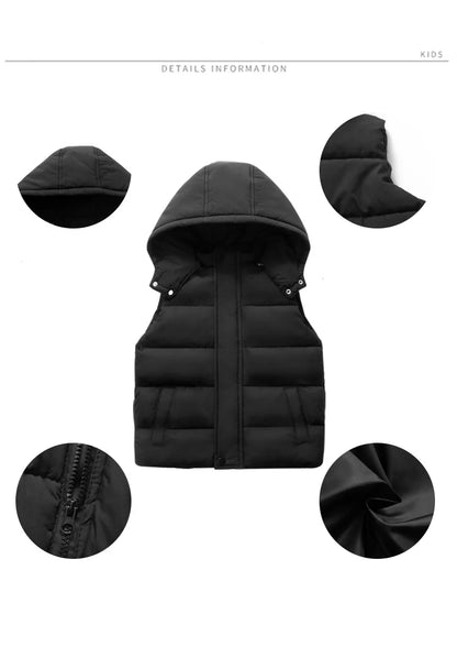 Winter Warm Baby and Girls Boys Cotton Lined Plain Hooded Zip Puff Vest Jackets Child Waistcoat School Kids Outfit Tops 3-12 Yr
