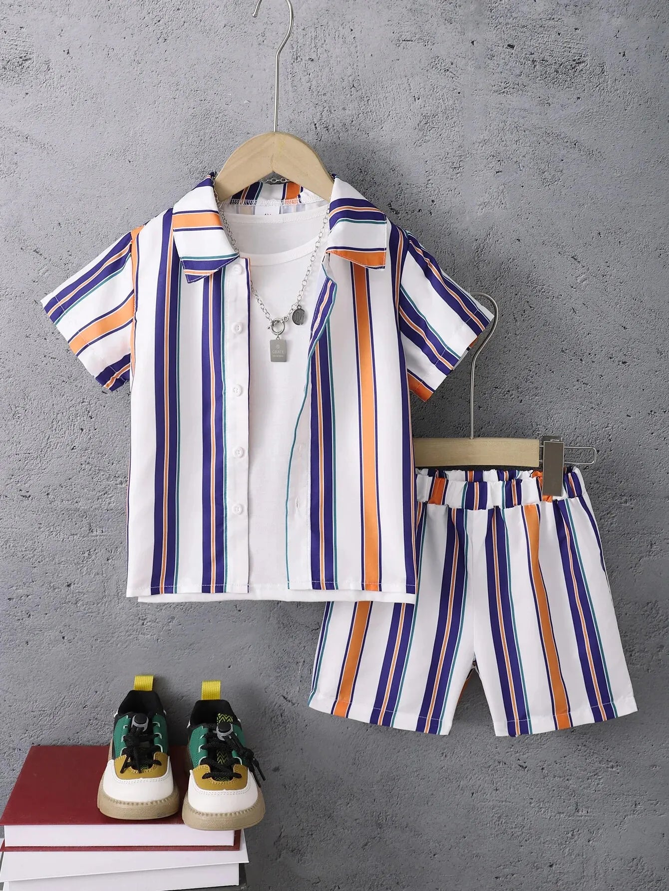 Summer Cool Boys Short Sleeves Striped Two-Piece A Gentleman's Suit For 4-7 Years Old Kids