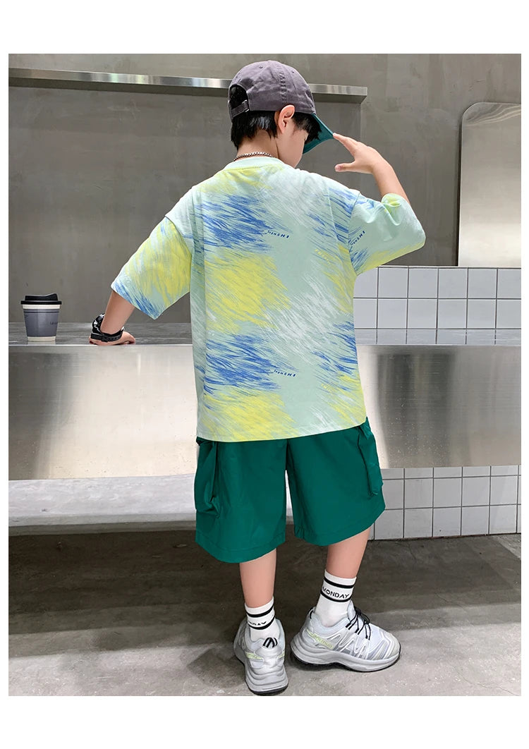 Summer  Boys Shorts Short Sleeve Shorts Handsome High Quality Leisure Sports Simple Two-piece Set.4-16year