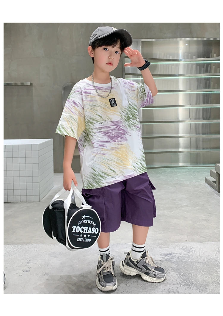 Summer  Boys Shorts Short Sleeve Shorts Handsome High Quality Leisure Sports Simple Two-piece Set.4-16year