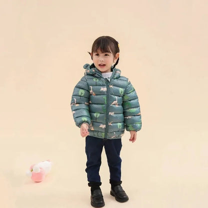 Kids Boy Lightweight Down Jacket Girl Baby Cartoon Dinosaur Outerwear Hooded Coat Autumn Winter Clothes Christmas Birthday Gifts