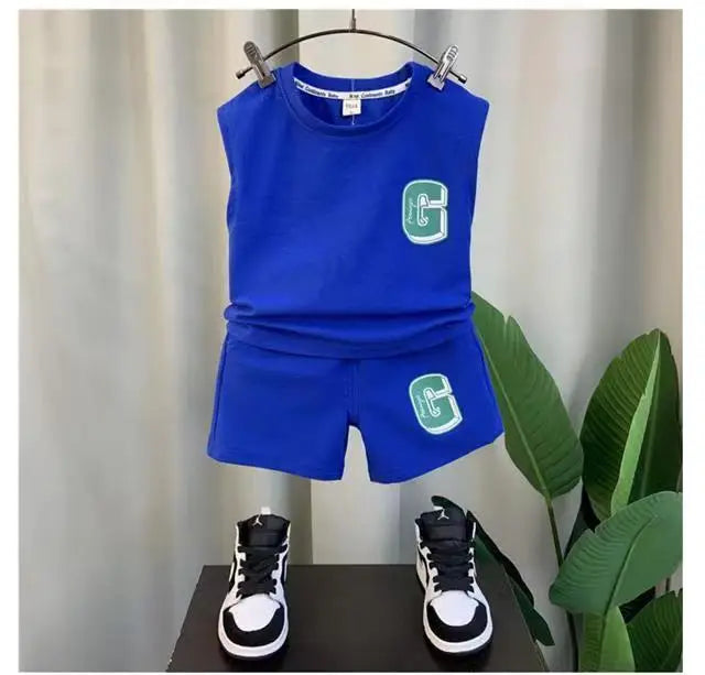 Kids Boys Summer Vest Set New Fashionable Baby Net Red Clothes Boys and Children's Fashion Two Piece Set Kids Outfits
