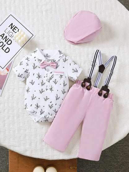 Summer  0-1 Years Old  Infant  Baby   Boys  Printed  Short-Sleeved  Top  And  Strap  Shorts    3-Piece  Set   With  Hat