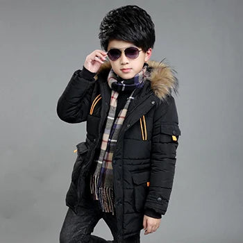 5-14 Years Big Boys Jacket Winter Thicken Warm Teenager Kids Jacket Fashion Long Style Zipper Hooded Children Outerwear Clothing