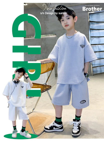 Fashion Boys Summer Sets 2024 New Teenager Casual Outfits Children Trends Clothes Suits Kids Short Sleeves Tops+Baggy Pants 2Pcs