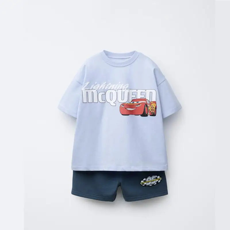 Summer Clothes Children Cartoon Car Print T-shirt+shorts Boys Child Round Neck Tees Loose Simple Shorts Trendy Costume Suit