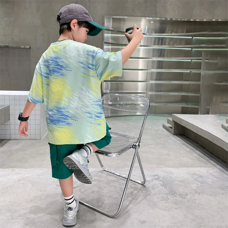 Summer  Boys Shorts Short Sleeve Shorts Handsome High Quality Leisure Sports Simple Two-piece Set.4-16year