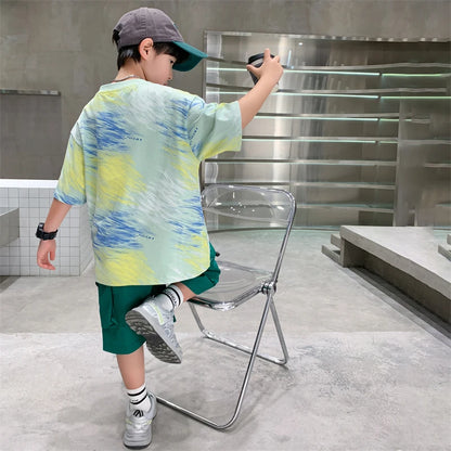 Summer  Boys Shorts Short Sleeve Shorts Handsome High Quality Leisure Sports Simple Two-piece Set.4-16year