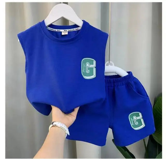 Kids Boys Summer Vest Set New Fashionable Baby Net Red Clothes Boys and Children's Fashion Two Piece Set Kids Outfits