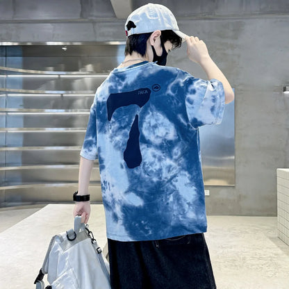 Summer Boys T Shirts Fashion Print Short Sleeve Tee Tops for Kids Cotton Tshirt Tie-Dye Casual Streetwear Teenager Outerwear