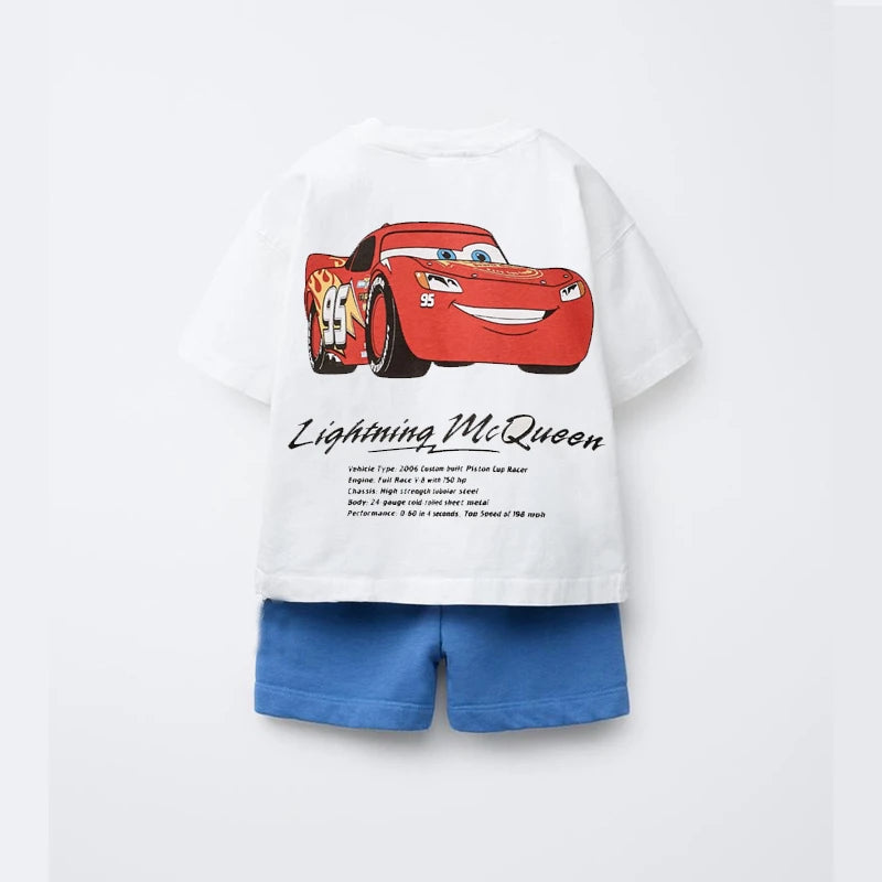 Summer Clothes Children Cartoon Car Print T-shirt+shorts Boys Child Round Neck Tees Loose Simple Shorts Trendy Costume Suit