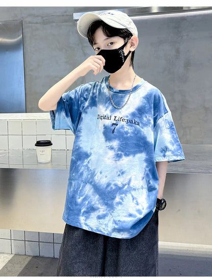 Summer Boys T Shirts Fashion Print Short Sleeve Tee Tops for Kids Cotton Tshirt Tie-Dye Casual Streetwear Teenager Outerwear