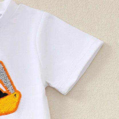Baby Boys Summer Short Sleeve Outfit with Small Excavator Pattern Infant Toddler Clothing Set
