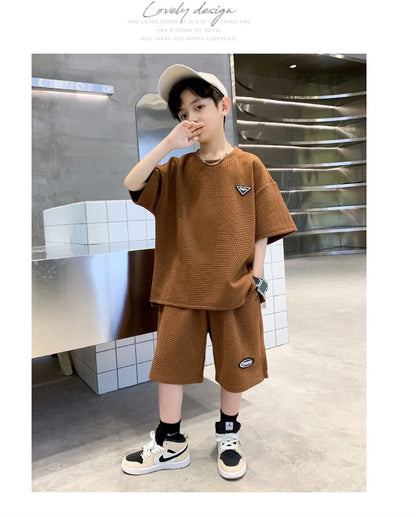Fashion Boys Summer Sets 2024 New Teenager Casual Outfits Children Trends Clothes Suits Kids Short Sleeves Tops+Baggy Pants 2Pcs