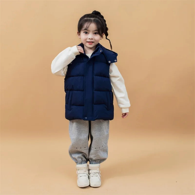 Winter Warm Baby and Girls Boys Cotton Lined Plain Hooded Zip Puff Vest Jackets Child Waistcoat School Kids Outfit Tops 3-12 Yr