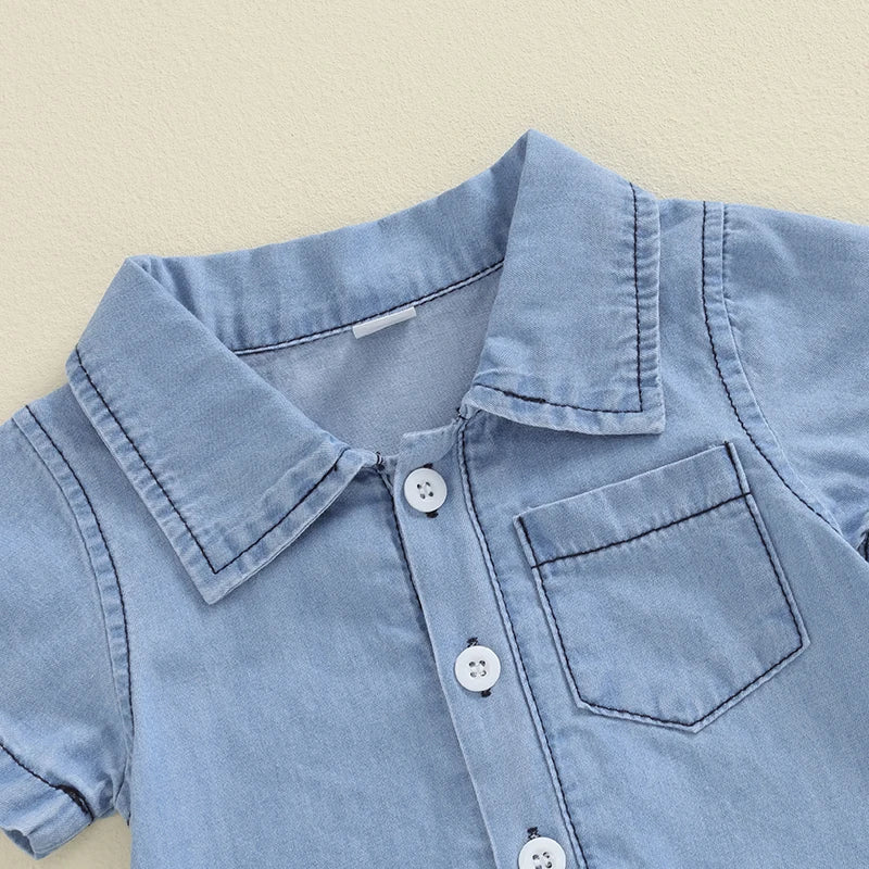 Baby Boys Summer Denim Romper Short Sleeve Lapel Button Down Jumpsuit with One Pocket
