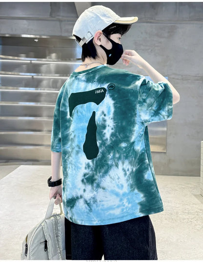 Summer Boys T Shirts Fashion Print Short Sleeve Tee Tops for Kids Cotton Tshirt Tie-Dye Casual Streetwear Teenager Outerwear