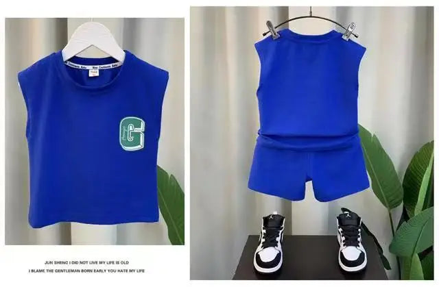 Kids Boys Summer Vest Set New Fashionable Baby Net Red Clothes Boys and Children's Fashion Two Piece Set Kids Outfits