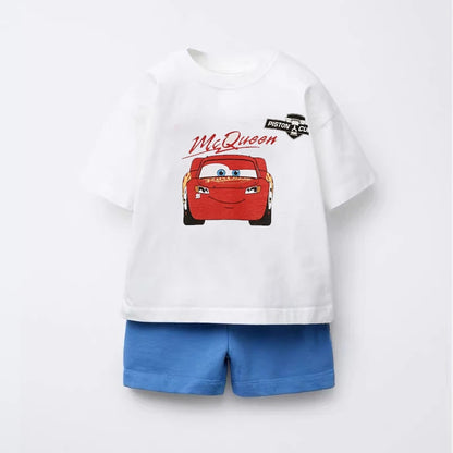 Summer Clothes Children Cartoon Car Print T-shirt+shorts Boys Child Round Neck Tees Loose Simple Shorts Trendy Costume Suit