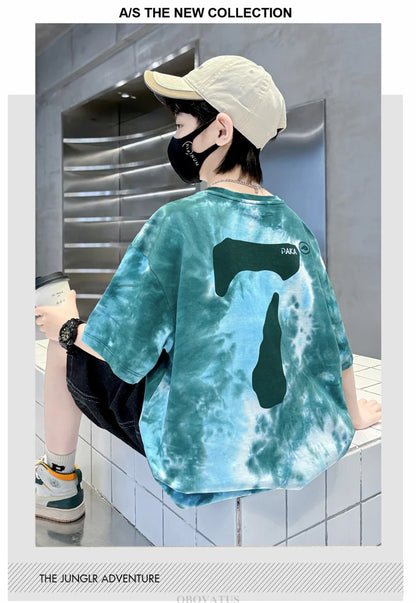 Summer Boys T Shirts Fashion Print Short Sleeve Tee Tops for Kids Cotton Tshirt Tie-Dye Casual Streetwear Teenager Outerwear